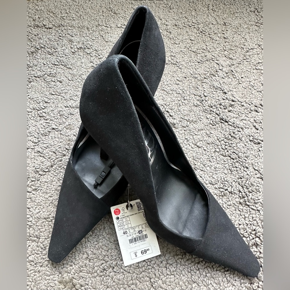 Zara Zapato Taco Heels. Black Nubuck Leather Size 40/US 9